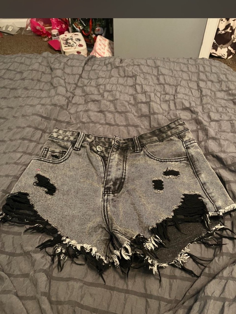 SHEIN Gray Acid-Wash Distressed Denim Shorts with Black Frayed Trim